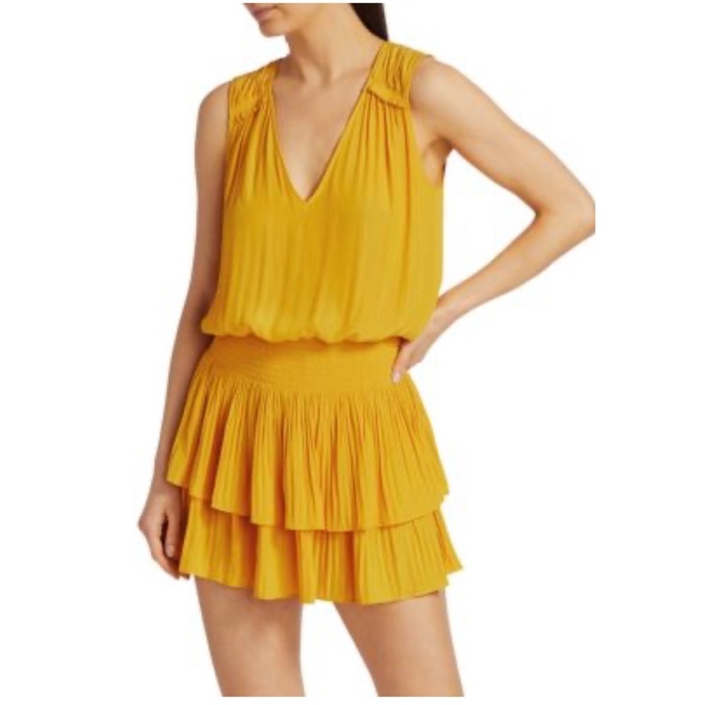 Ramy Brook Caitlin yellow tiered mini dress